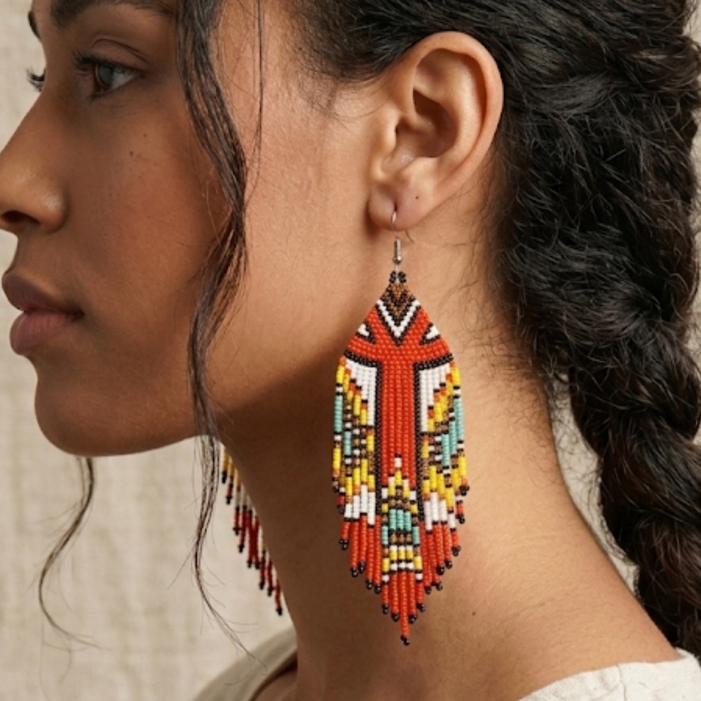 Boho Beaded Fringe Earrings Red Southwest Style